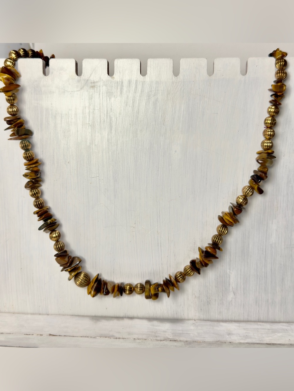 Long tiger’s eye and brass colored beaded necklace 26” Women’s costume jewelry